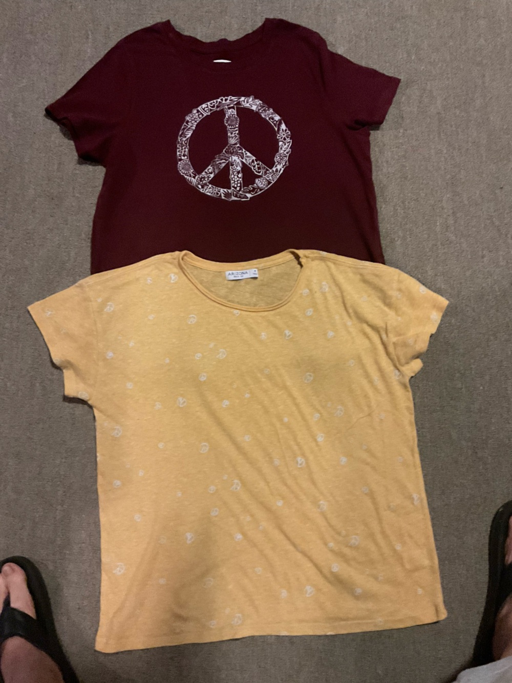 Arizona & Old Navy Patterned Tee & Burgundy Peace Signs.